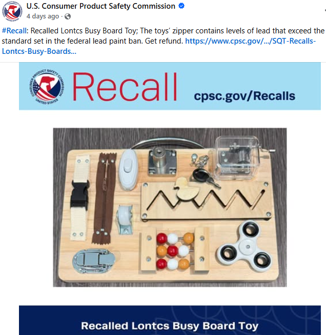 Recall on Lontcs Busy Board Toy